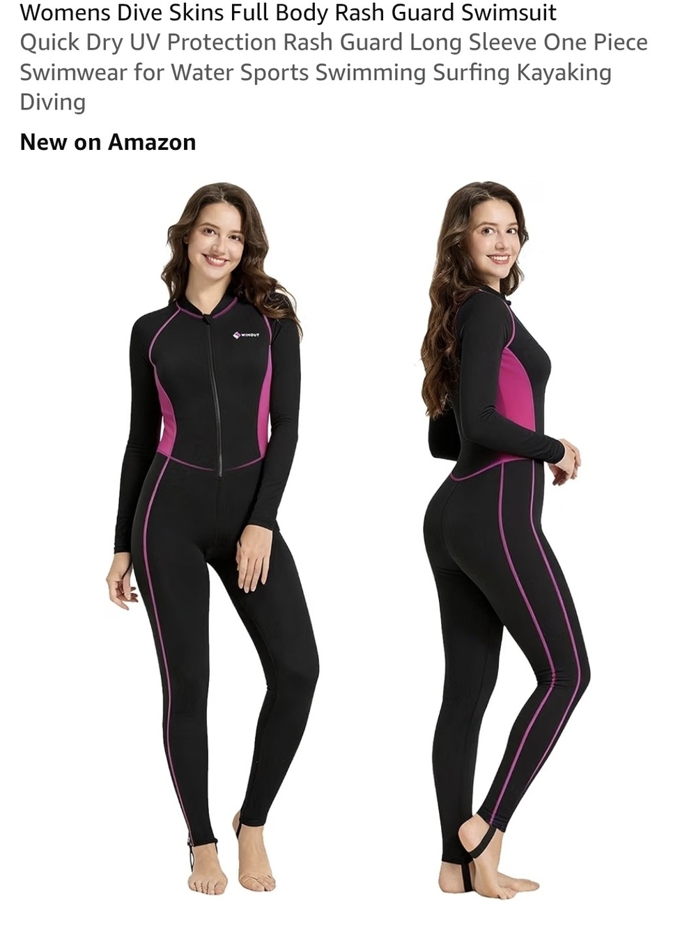 Women's Full-Body Long Sleeve Rash Guard Swimsuit - Black with Pink Panels